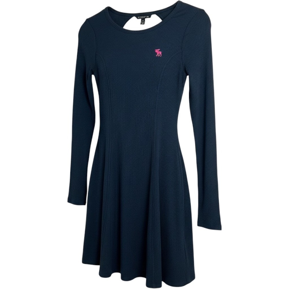 Abercrombie Kids Ribbed Long Sleeve Cutout Dress Navy Pink Moose Logo Size 13/14